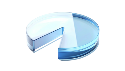 3D-rendered pie chart with one slice missing, rendered with a glassy blue aesthetic