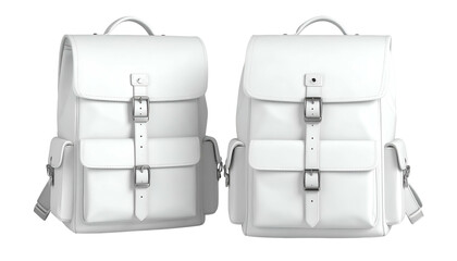 Two white backpacks, rendered on a transparent background, side by side