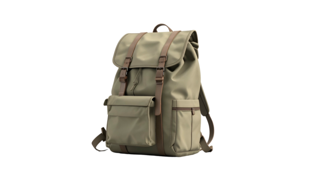 Olive green backpack with brown straps and pockets on a black background, 3D render
