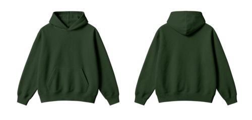 Blank Dark Green Hoodie Mockup Front and Back Views Isolated on Transparent Background