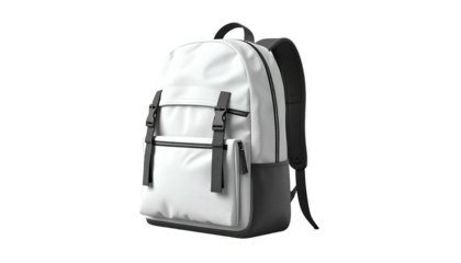 A sleek, modern backpack with a white main compartment and a black base and accents