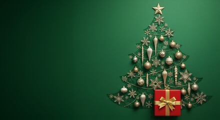 Christmas tree form, eye-catching red gift, metallic holiday ornaments