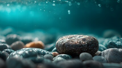 Smooth stones rest on a seabed illuminated by bright blue water above
