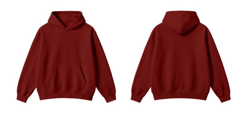 Blank Dark Red Hoodie Mockup Front and Back View on Transparent Background