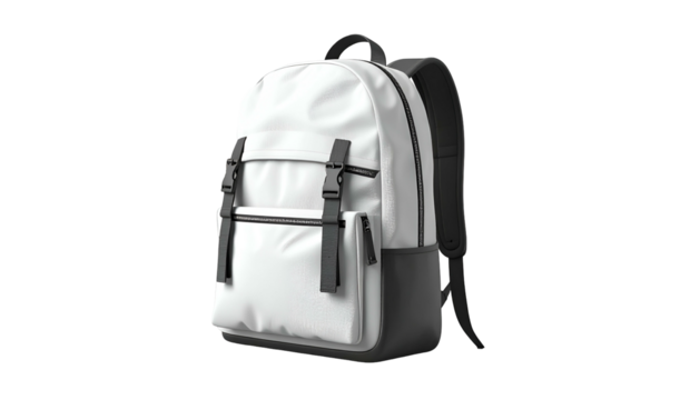 A sleek, modern backpack with a white main compartment and a black base and accents