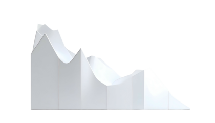 A 3D rendered white graphic of a declining and fluctuating line graph on a black background