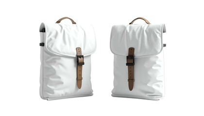 Two white backpacks, similar designs, leather accents, isolated on black, studio shot