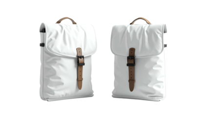 Two white backpacks, similar designs, leather accents, isolated on black, studio shot