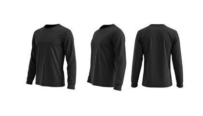 Three angles of a black long-sleeved shirt front, side, and back