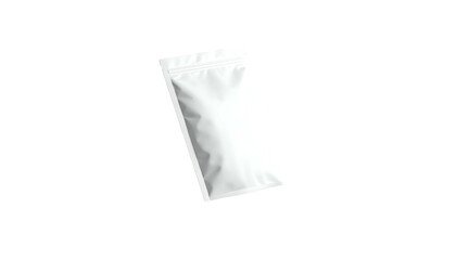 Isolated white, rectangular pouch with zipper seal on black background, angled view