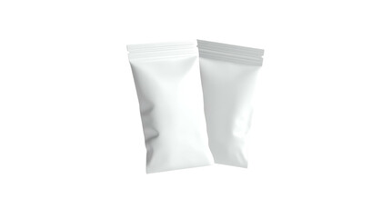 Two white, blank, sealed pouches, slightly angled, on a solid black background