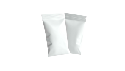 Two white, blank, sealed pouches, slightly angled, on a solid black background