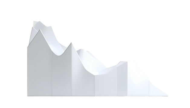 A 3D rendered white graphic of a declining and fluctuating line graph on a black background