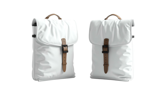 Two white backpacks, similar designs, leather accents, isolated on black, studio shot