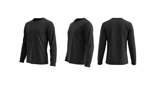 Three angles of a black long-sleeved shirt front, side, and back