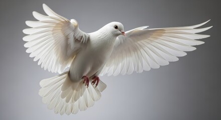 A white dove in flight with wings spread wide.