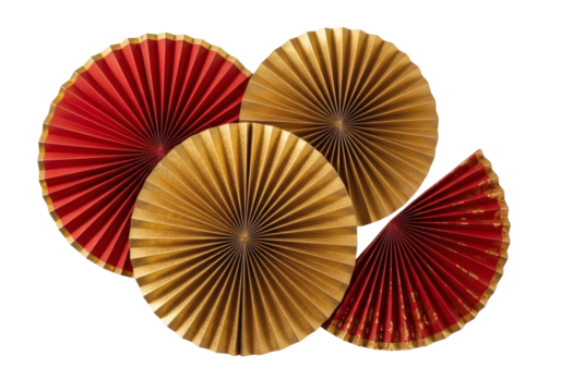 Elegant golden and red paper fans for festive celebrations, adding a touch of vibrant tradition to your party decor with a touch of Asian flair
