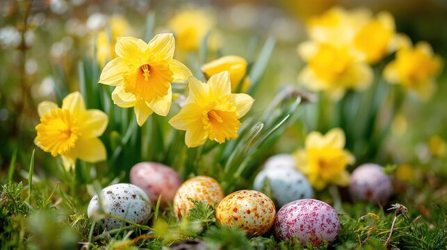 A vibrant display of yellow daffodils and colorful Easter eggs in a lush, green garden setting. - Powered by Adobe