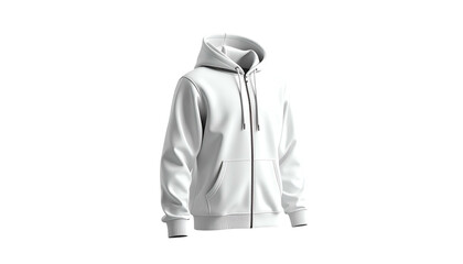 A pristine white zip-up hoodie, isolated against a stark black background