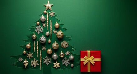 Christmas tree form, eye-catching red gift, metallic holiday ornaments
