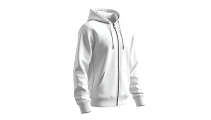 A clean, white zip-up hoodie, rendered on a black background, slightly angled