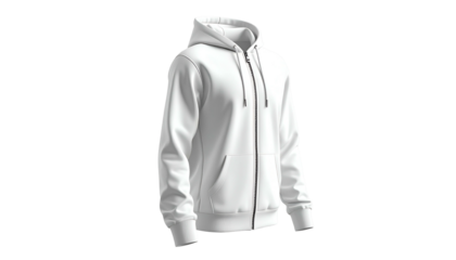 A clean, white zip-up hoodie, rendered on a black background, slightly angled