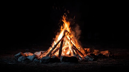 A blazing bonfire with orange flames and sparks against a black background, with a pile of logs and embers in the foreground.