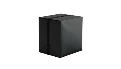 A black package, taped, against a black background. Minimalist presentation