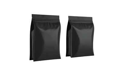 Two black, matte stand-up pouches, sealed at the top, against a stark black background