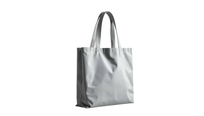 A minimalist, gray tote bag with curved handles, against a stark black background