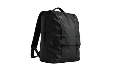 Sleek, dark backpack with adjustable straps, buckles, and a top handle, isolated on black