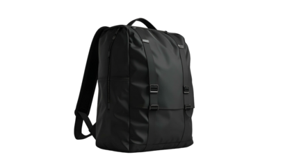 Sleek, dark backpack with adjustable straps, buckles, and a top handle, isolated on black