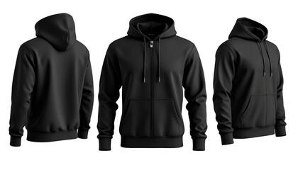 Three views of a black hoodie back, front, and angled, revealing details