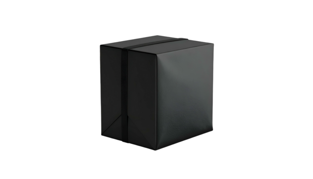 A black package, taped, against a black background. Minimalist presentation