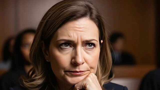 Close-up of a Serious and Concerned Woman Listening Intently in a Courtroom - A perfect Visual for Legal Drama, Justice, and Professional Testimony