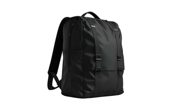 Sleek, dark backpack with adjustable straps, buckles, and a top handle, isolated on black