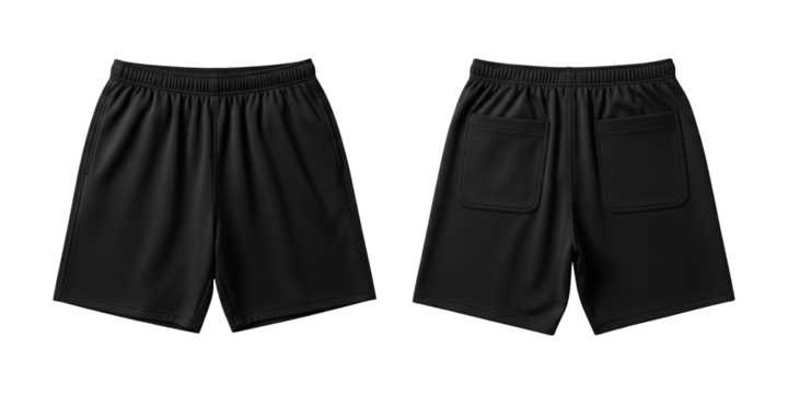 Black Sports Shorts Mockup Front and Back View Isolated on Transparent Background