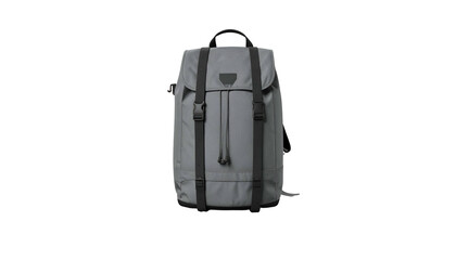A gray backpack on a black background, featuring straps, buckles, and a top handle