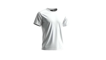 A plain white, short-sleeved t-shirt isolated against a stark black background