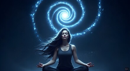 Cosmic Meditation and Inner Peace - Woman Under Glowing Spiral Galaxy Vortex