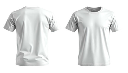 Two views of a clean, white, short-sleeved tee shirt, front and back, against a black background