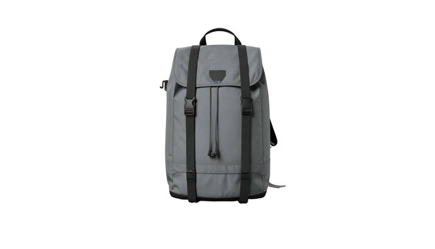 A gray backpack on a black background, featuring straps, buckles, and a top handle - Powered by Adobe