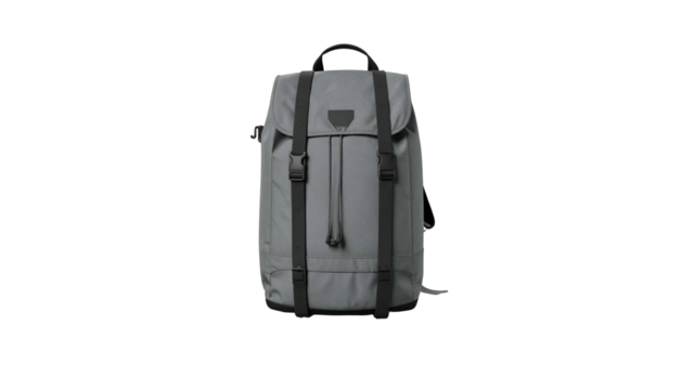A gray backpack on a black background, featuring straps, buckles, and a top handle