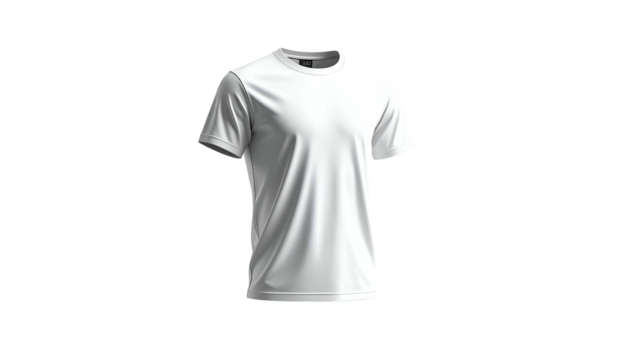 A plain white, short-sleeved t-shirt isolated against a stark black background