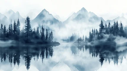 Plexiglas schilderij Mistig bos minimal mountain landscape with misty pine trees and a reflective lake, all in watercolor brush texture  © Pimonpun