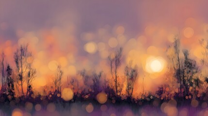 Blurred lights create a magical atmosphere above a silhouetted forest line at dusk