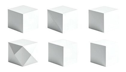 Six white, geometric cubes, some with cuts and folds, arranged in two rows of three