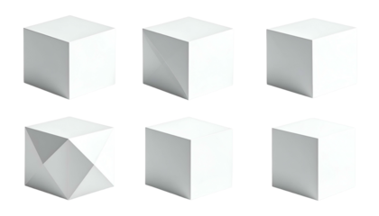 Six white, geometric cubes, some with cuts and folds, arranged in two rows of three