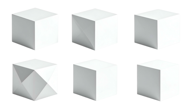 Six white, geometric cubes, some with cuts and folds, arranged in two rows of three