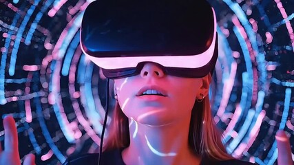 Young Woman Wearing VR Headset Interacting with Abstract Neon Lines - A perfect Concept for Virtual Reality, Metaverse, and Future Gaming Technology